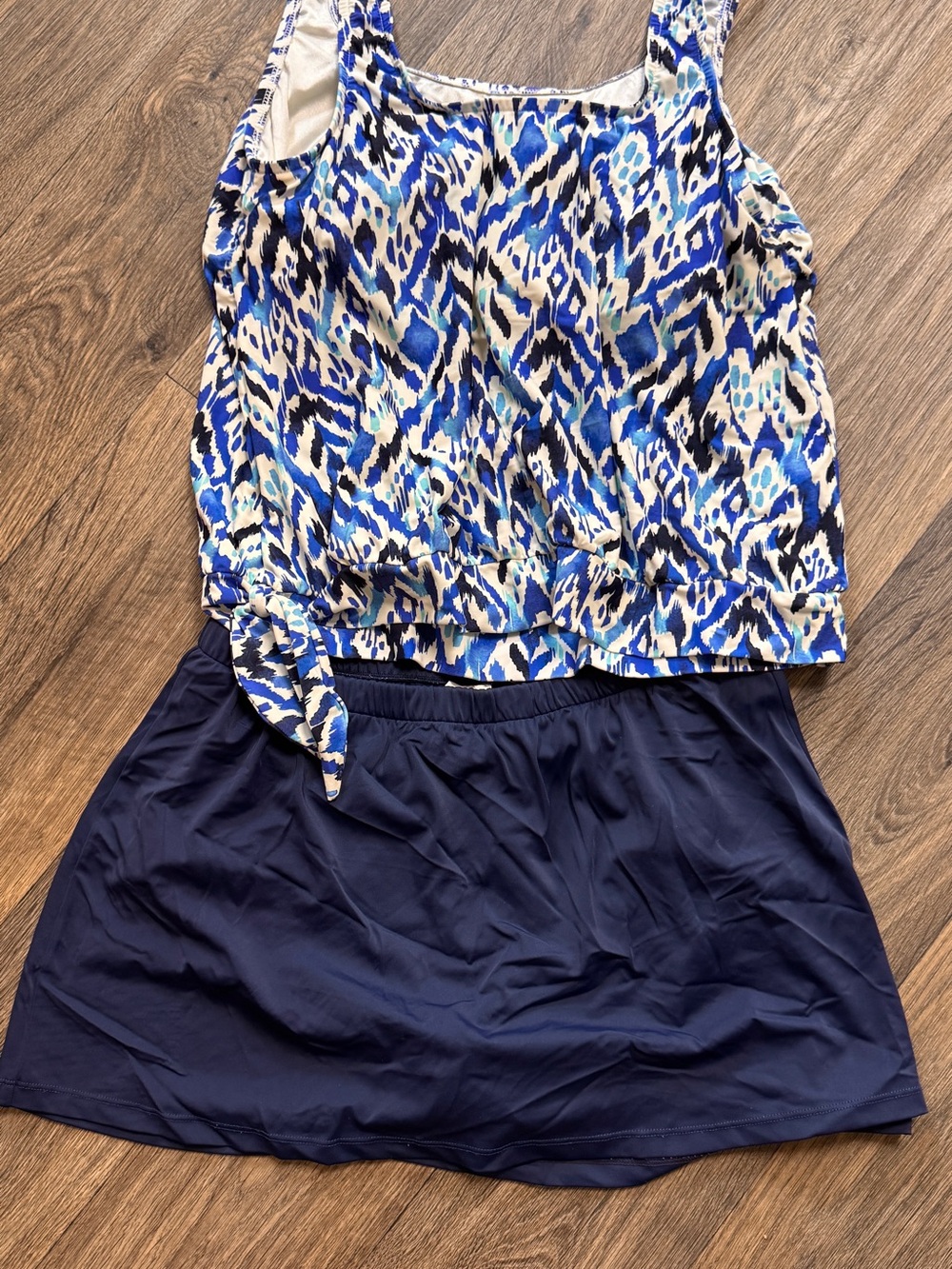 Blue Patterned Tankini Top with Navy Skirted Bottom
